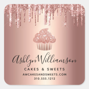 Sticker Carré Gâteau Cupcake Rose Gold Paillettes Pâtissier Boul