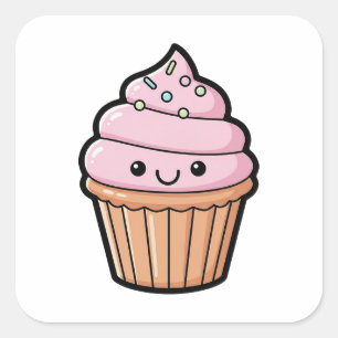 Sticker Carré Gâteau Cupcake Souriant – Illustration Mignonne Ka