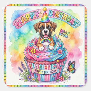 Sticker Carré Gâteau d'anniversaire de chiot Boxer mignon aquare