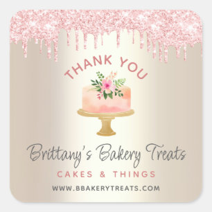Sticker Carré Gâteau de boulangerie Merci Blush Rose Paillettes