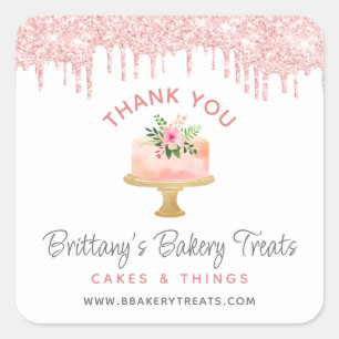 Sticker Carré Gâteau de boulangerie Merci Blush Rose Paillettes