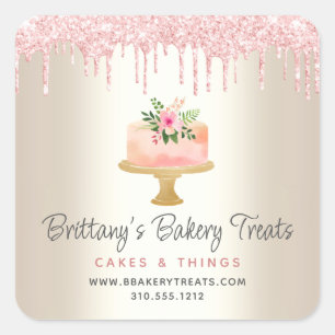 Sticker Carré Gâteau de boulangerie rose blush paillettes coulée