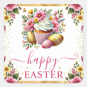 Sticker Carré Gâteau de Pâques Cupcake Fleurs de Printemps Aquar