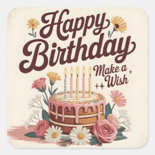 Sticker Carré Gâteau Floral Vintage "Joyeux Anniversaire - Fais 