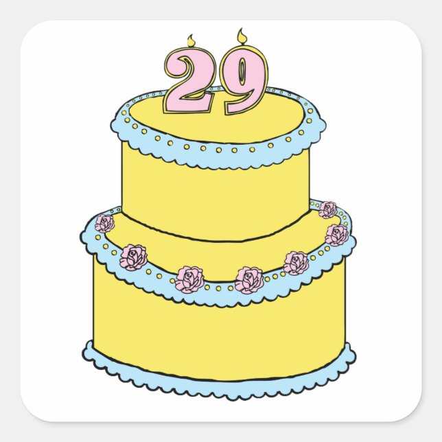 Sticker Carré Gâteau jaune 29e anniversaire avec roses roses ros (Devant)