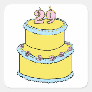 Sticker Carré Gâteau jaune 29e anniversaire avec roses roses ros