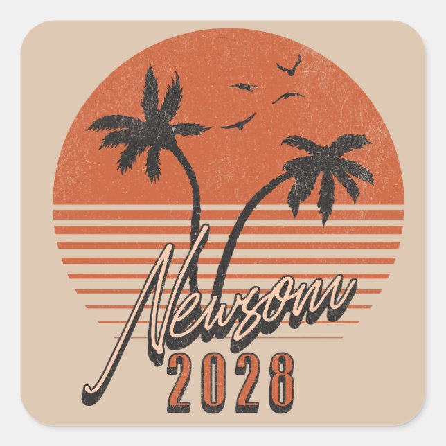 Sticker Carré Gavin Newsom 2028 Pour Président Palm Tree Sunset (Devant)