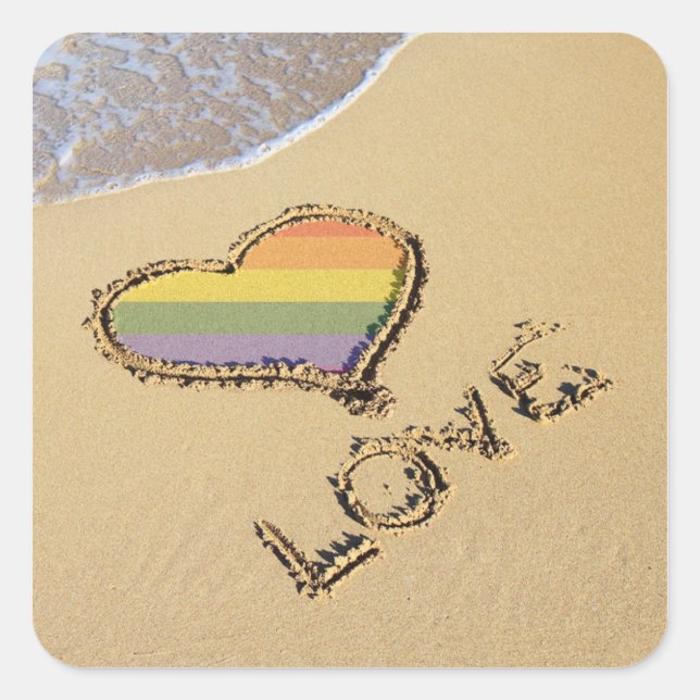 Sticker Carré Gay Rainbow Amour Coeur Dans Le Sable (Devant)
