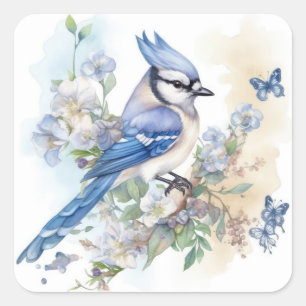 Sticker Carré Geai bleu Fleurs de printemps Été Nature