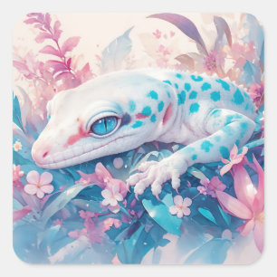 Sticker Carré Gecko Mystique Parmi des Fleurs Vibrantes
