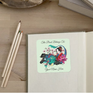 Sticker Carré Geisha asiatique Dragon Fleurs de cerisier Bleu Ex