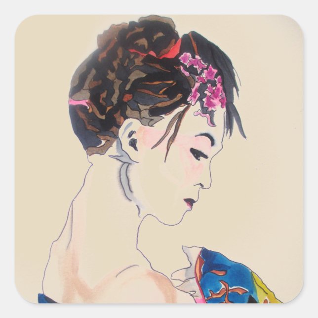 Sticker Carré Geisha japonais avec kimono bleu (Devant)