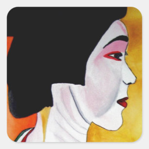 Sticker Carré Geisha japonais avec kimono vert art original