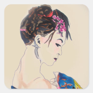 Sticker Carré Geisha japonais avec le kimono bleu