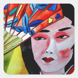Sticker Carré geisha japonaise avec ventilateur peinture d'art o