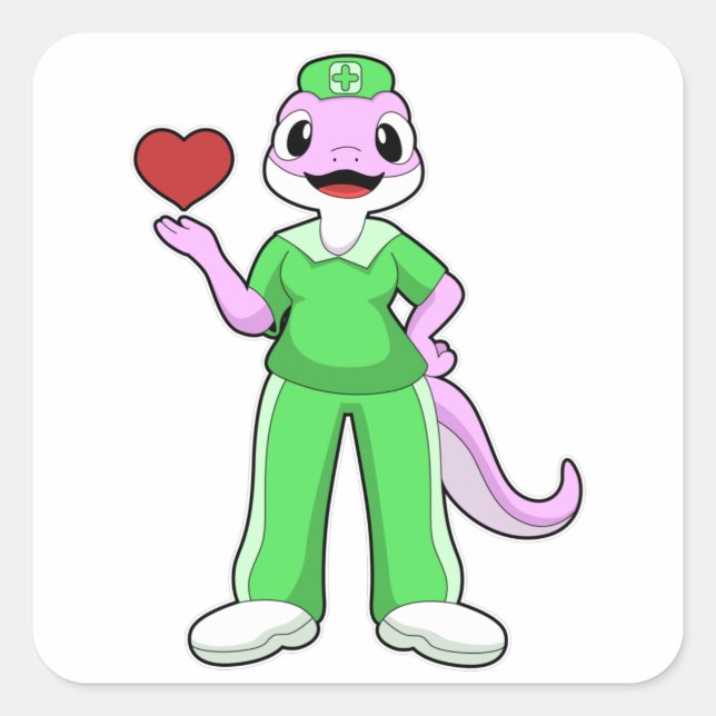 Sticker Carré Geko comme infirmière avec coeur (Devant)