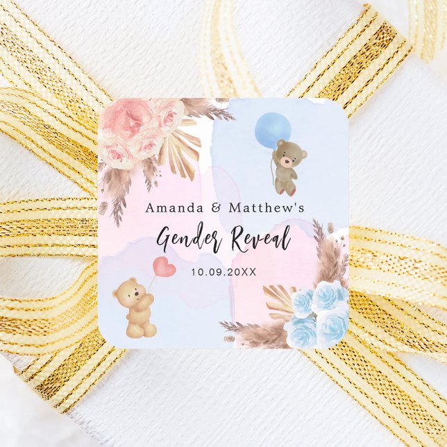 Sticker Carré Genre révéler la fête pampas tedbear bleu rose (Créateur téléchargé)