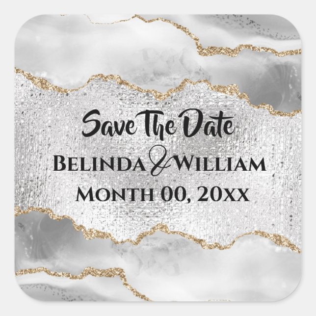 Sticker Carré Géode faux argent or agate blanche aquarelle chic (Devant)