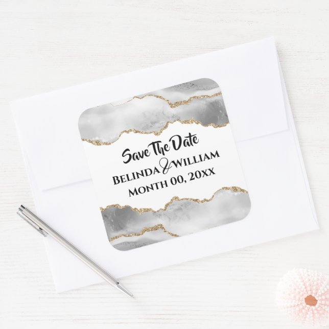 Sticker Carré Géode faux or agate blanche couples mariés (Enveloppe)