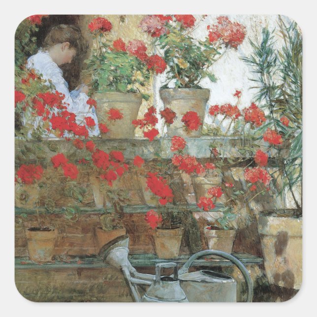 Sticker Carré Geraniums par Childe Hassam, Impressionnisme Vinta (Devant)