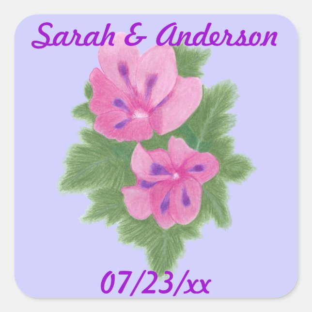 Sticker Carré Geraniums rose violet Floral Enregistrer la date S (Devant)