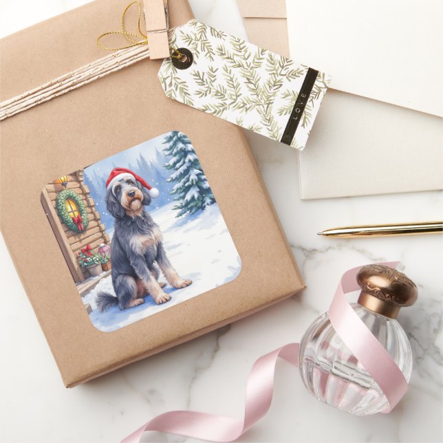 Sticker Carré German Wirehaired Pointer Snowy Lodge Santa Hat (Cadeaux)