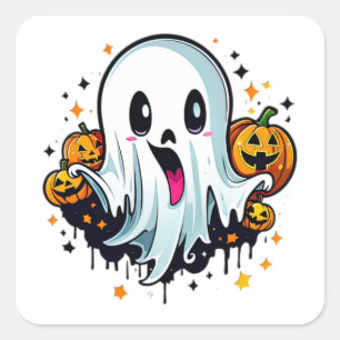 Sticker Carré Ghost mignon et Citrouilles heureux