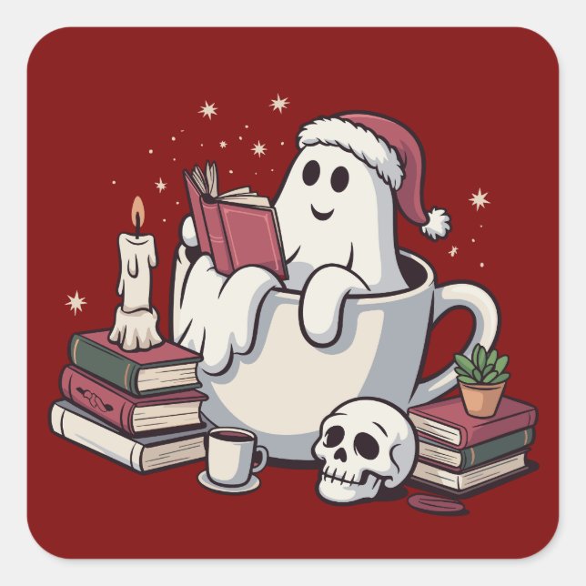 Sticker Carré Ghost Reading Books Christmas Teacher Bookworm (Devant)