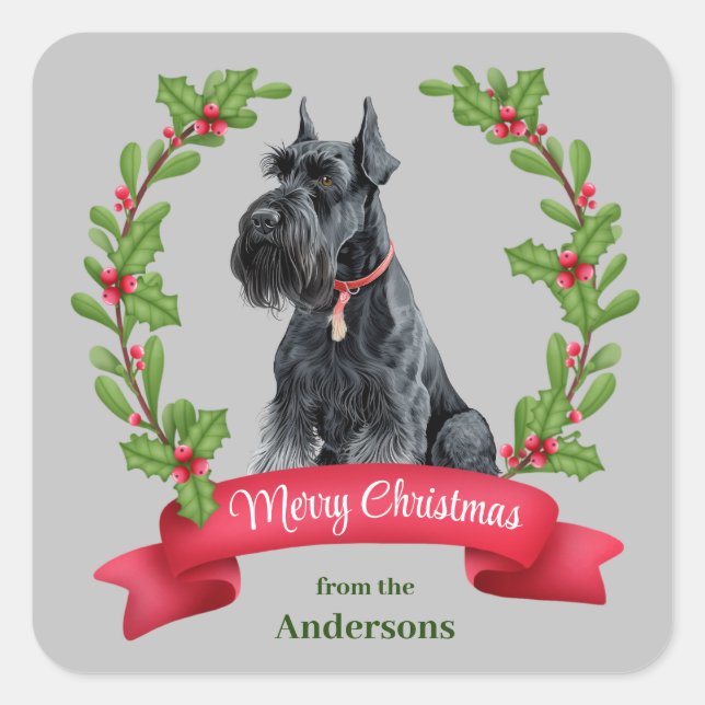 Sticker Carré Giant Schnauzer Chien Holly Bannière Noël (Devant)