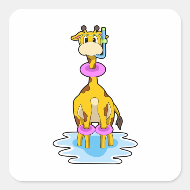 Sticker Carré Girafe à la natation avec anneau de natation (Devant)
