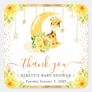 Sticker Carré Girafe Florale Mignonne Aquarelle pour Baby Shower