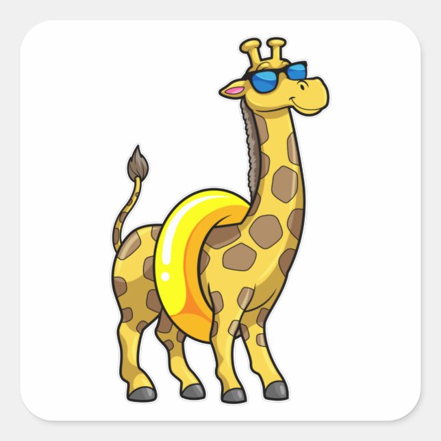Sticker Carré Girafe sur la plage avec anneau de natation et lun (Devant)
