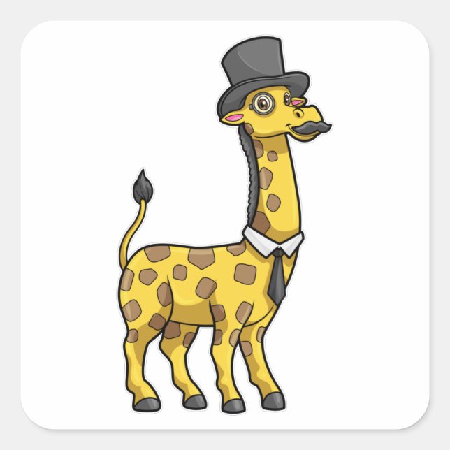 Sticker Carré Giraffe en Gentleman avec Casquette, Cravate et Mo (Devant)