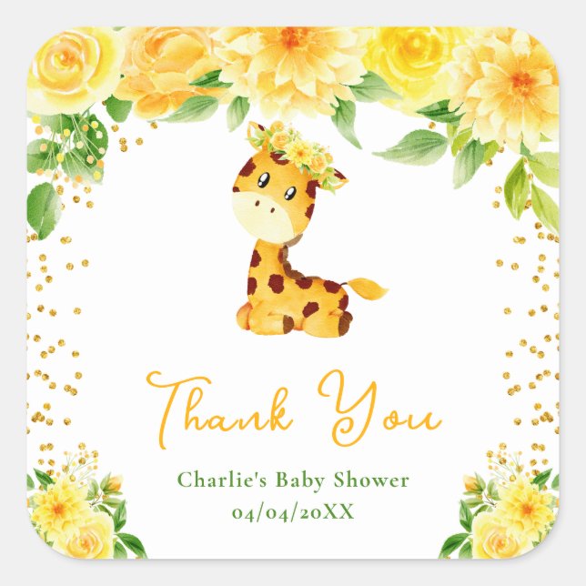 Sticker Carré Giraffe Jaune Baby shower Floral Merci (Devant)