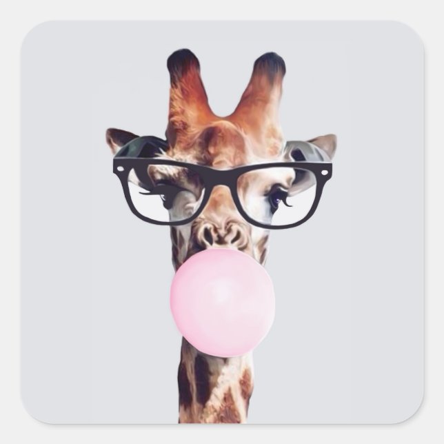 STICKER CARRÉ GIRAFFE PORTANT DES VERRES SOUFFRANT UN BUBBLEGUM  (Devant)