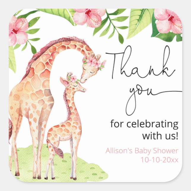 Sticker Carré Giraffe safari tropicale fille baby shower feuille (Devant)