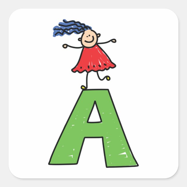 Sticker Carré Girl Dancing on Green Letter A Fun Alphabet (Devant)