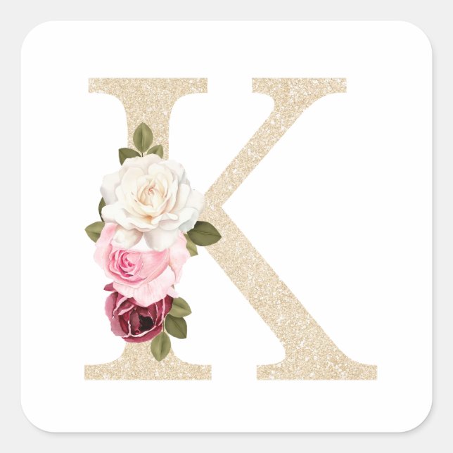 Sticker Carré Girl Faux Gold parties scintillant Floral Letter K (Devant)