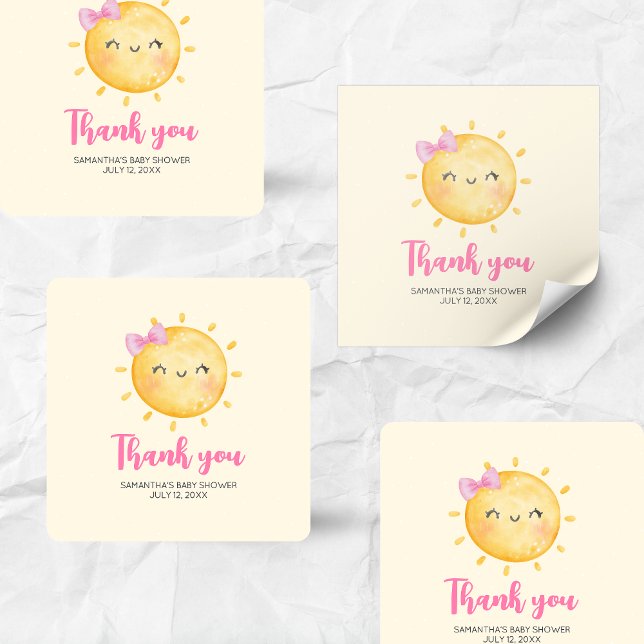 Sticker Carré Girl Little Ray of Sunshine Baby Shower Square (Little Ray of Sunshine Boho Baby Shower Square Sticker)