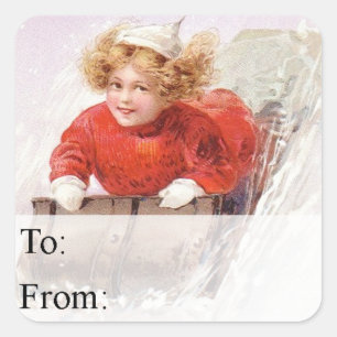 Sticker Carré Girl on Toboggan Vintage