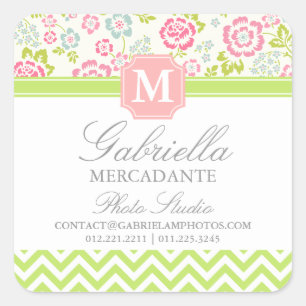 Sticker Carré Girl Spring Floral Chevron Personnalisé Monogramme