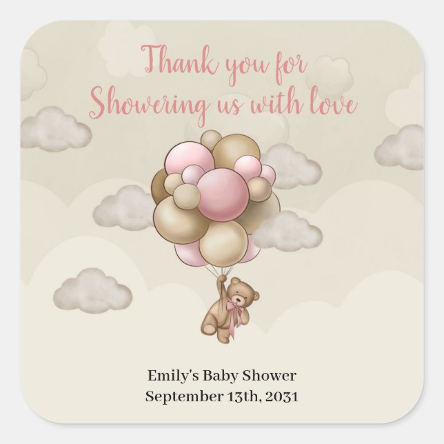 Sticker Carré Girl Teddy ours rose brun beige ballons air chaud (Devant)