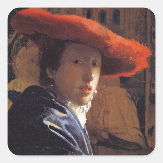 Sticker Carré Girl with a Red Hat, c.1665 (oil on panel) (Devant)