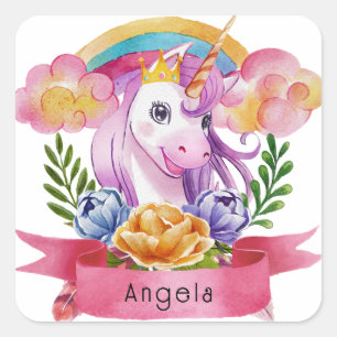 Sticker Carré Girls mignonne violet licorne arc-en-ciel Nom pers
