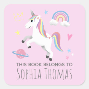 Sticker Carré Girls Unicorn 'Ce Livre Appartient' Plate-forme po