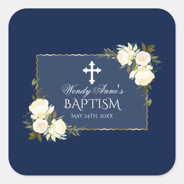 Sticker Carré Glam Gold Marine Bleu Blanc Floral Invitation (Devant)
