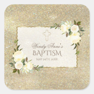 Sticker Carré Glam Gold Parties scintillant Blanc Floral Invitat