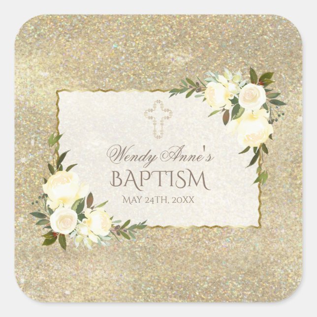 Sticker Carré Glam Gold Parties scintillant Blanc Floral Invitat (Devant)