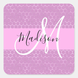 Sticker Carré Glam Lilas Métallisé Rose Nid d'abeille Monogramme