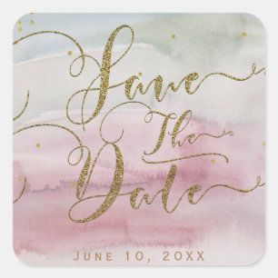 Sticker Carré Glam moderne Aquarelle or Enregistrer la date Mari